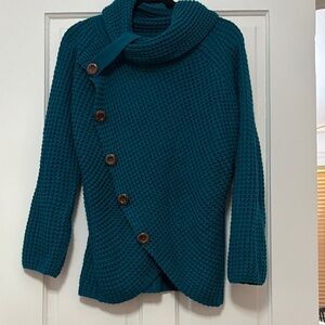 Elegant Teal Cowl Neck Sweater with Button Detail